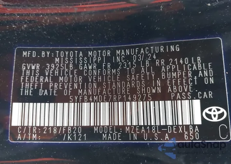 2024 Toyota Corolla Le from USA, damaged, VIN 5YFB4MDE7RP149275